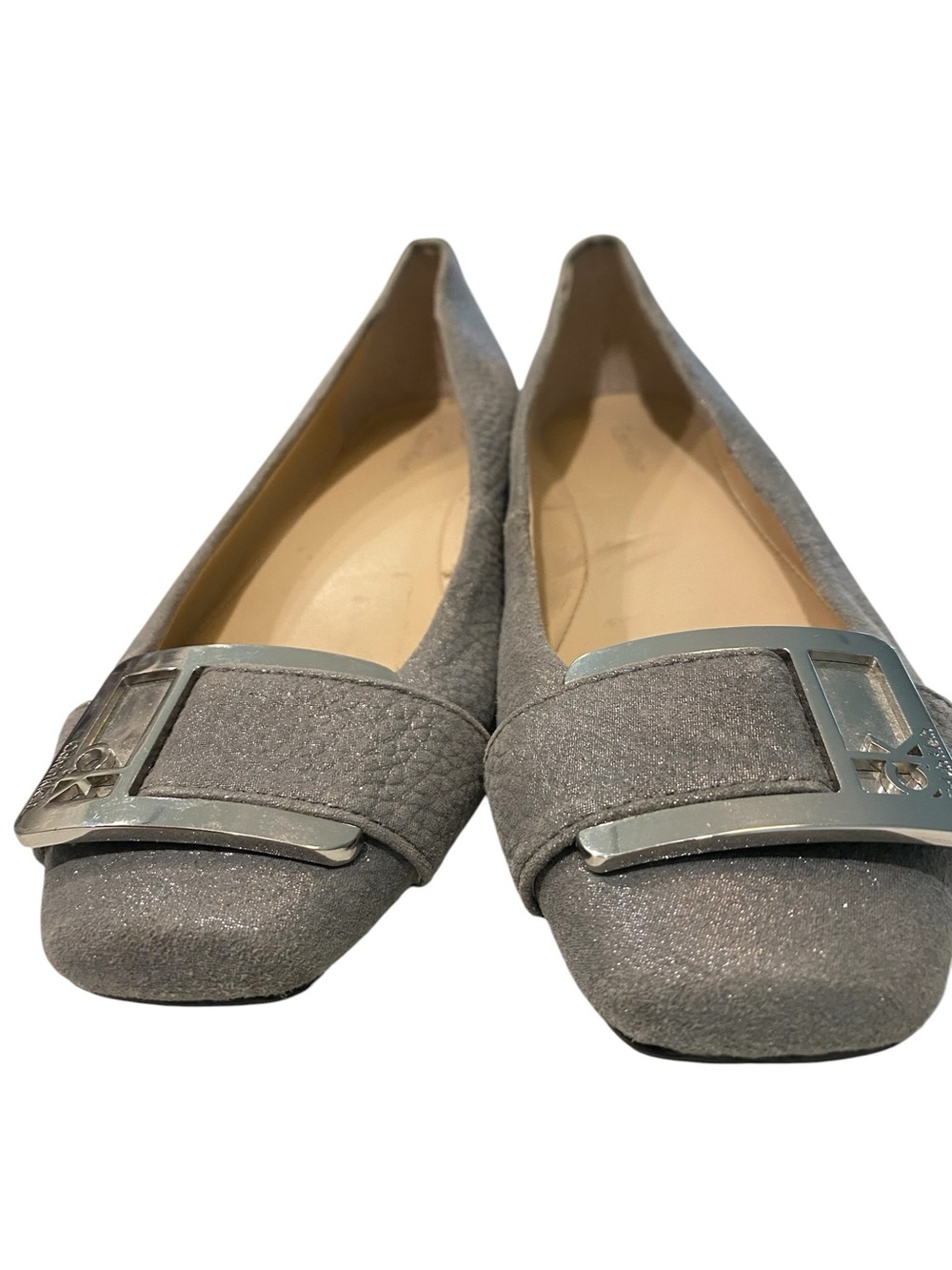 Calvin Klein Gray Pointed-Toe Flats with Silver Buckles